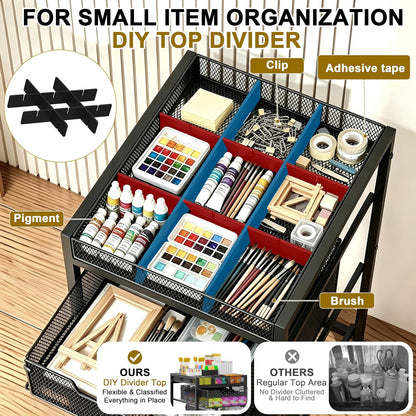 Rolling Utility Cart with 3 Drawers, Craft Organizer and Storage with DIY Divider, Lockable Wheels, Multi-Functional Storage for Art Supplies, Store for Brushes & Paints & Small Parts(Patent Pending)