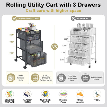 Rolling Utility Cart with 3 Drawers, Craft Organizer and Storage with DIY Divider, Lockable Wheels, Multi-Functional Storage for Art Supplies, Store for Brushes & Paints & Small Parts(Patent Pending)