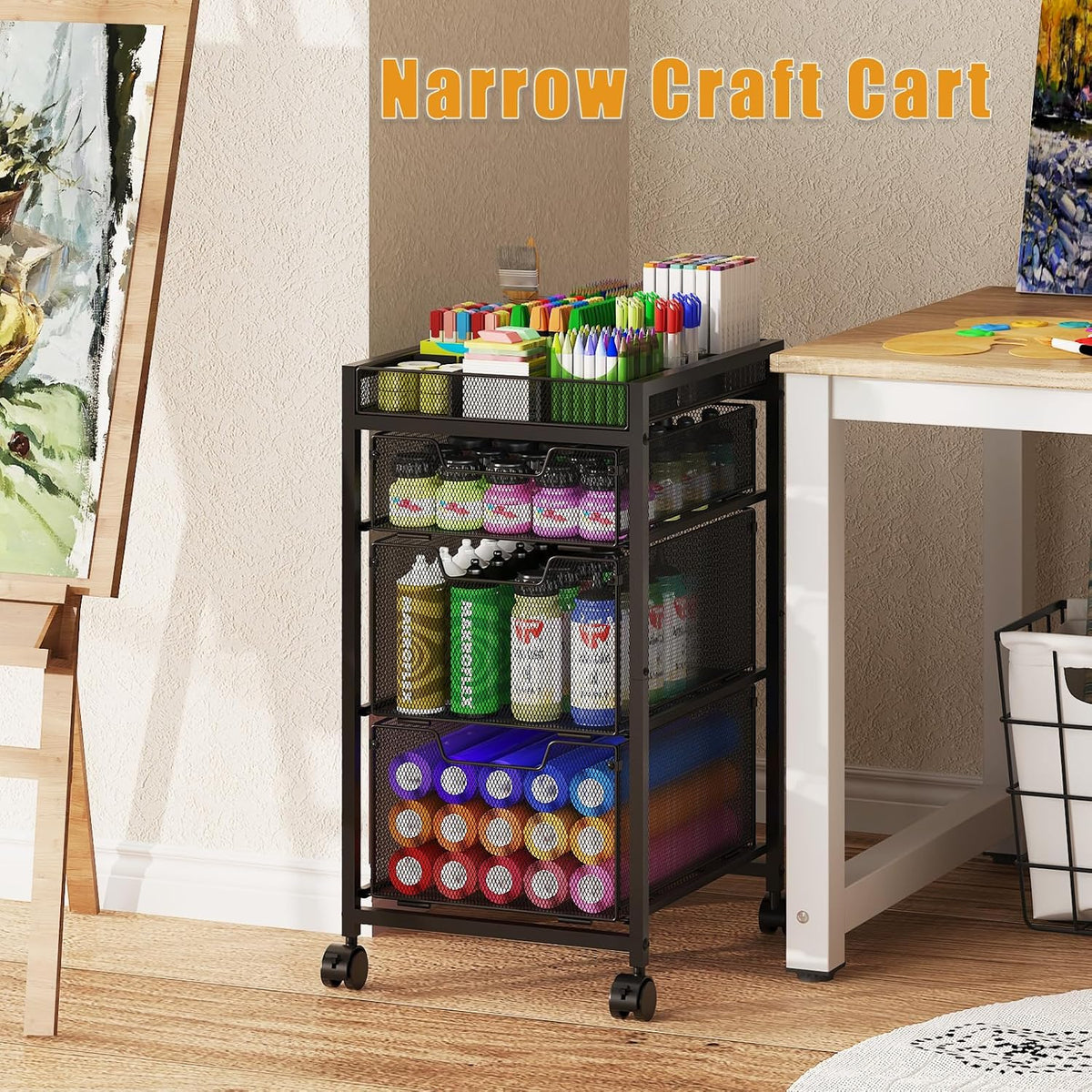 Rolling Utility Cart with 3 Drawers, Craft Organizer and Storage with DIY Divider, Lockable Wheels, Multi-Functional Storage for Art Supplies, Store for Brushes & Paints & Small Parts(Patent Pending)