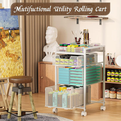 Rolling Utility Cart with 3 Drawers, Craft Organizer and Storage with DIY Divider, Lockable Wheels, Multi-Functional Storage for Art Supplies, Store for Brushes & Paints & Small Parts(Patent Pending)