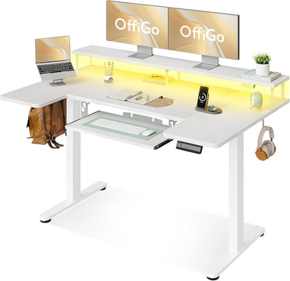 OffiGo 55 Inch U Shaped Electric Standing Desk with Keyboard Tray, White