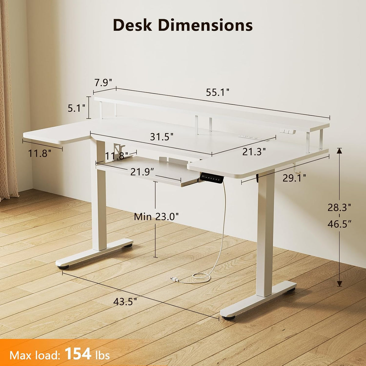 OffiGo 55 Inch U Shaped Electric Standing Desk with Keyboard Tray, White