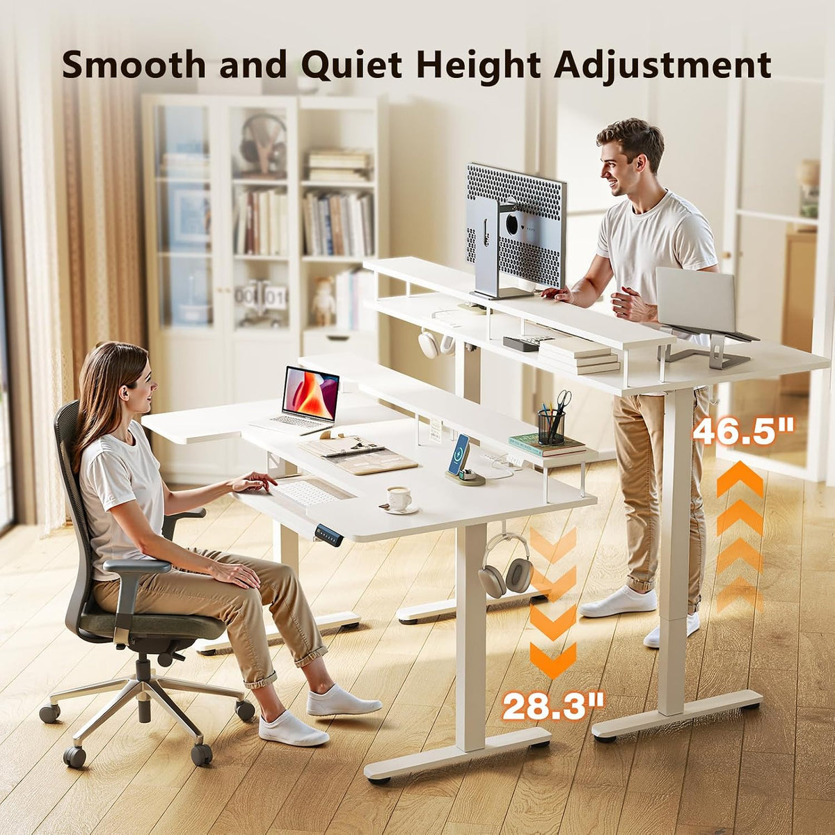 OffiGo 55 Inch U Shaped Electric Standing Desk with Keyboard Tray, White