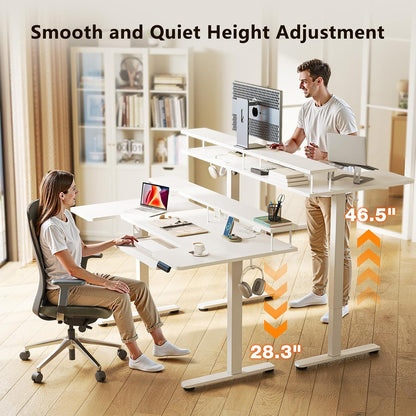 OffiGo 55 Inch U Shaped Electric Standing Desk with Keyboard Tray, White