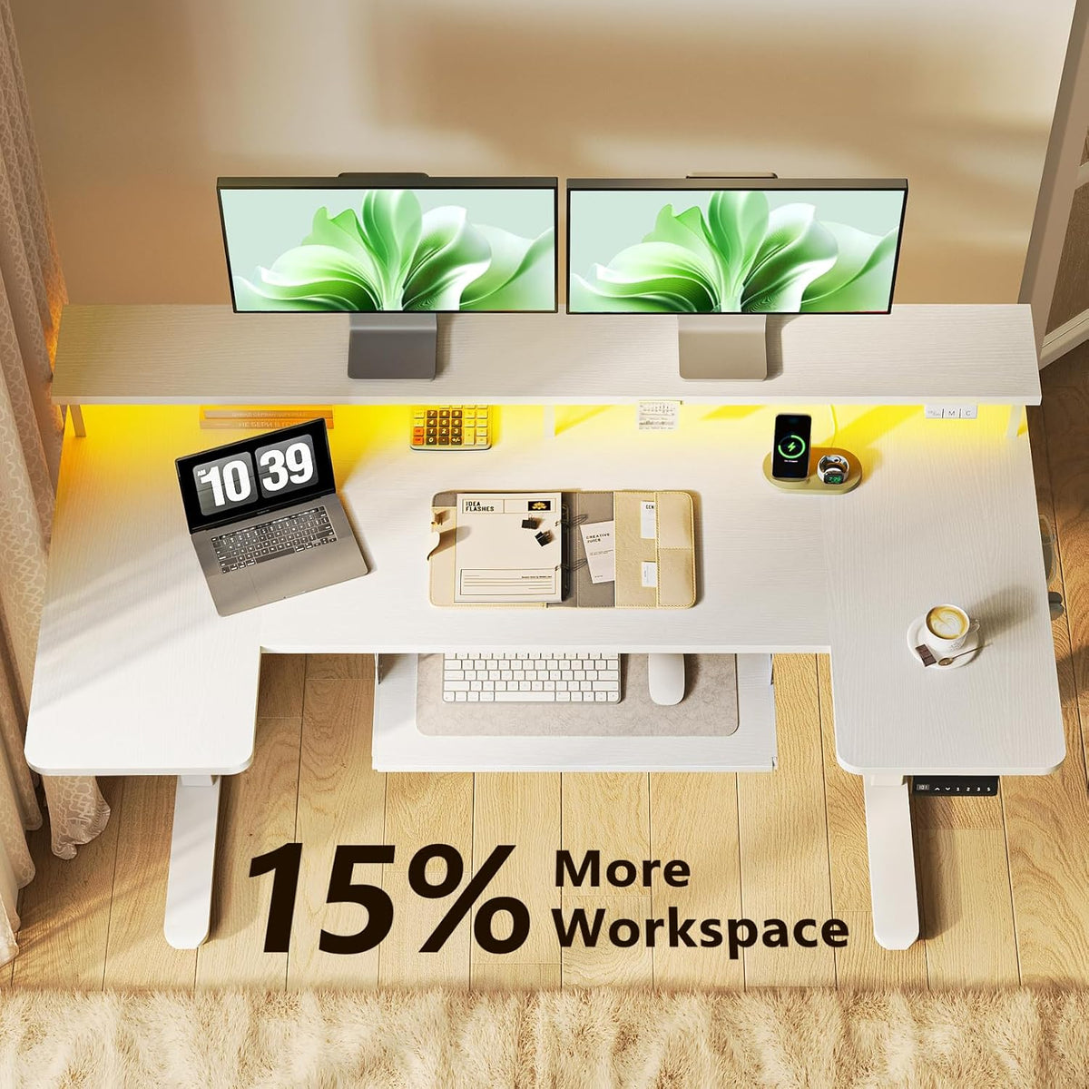 OffiGo 55 Inch U Shaped Electric Standing Desk with Keyboard Tray, White