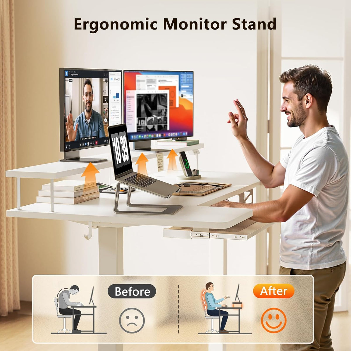 OffiGo 55 Inch U Shaped Electric Standing Desk with Keyboard Tray, White