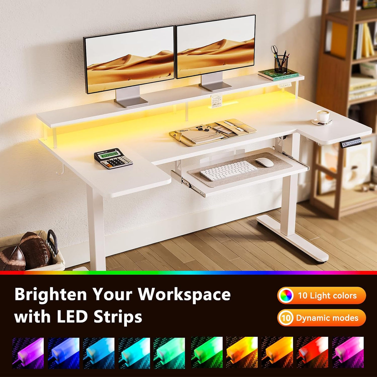 OffiGo 55 Inch U Shaped Electric Standing Desk with Keyboard Tray, White