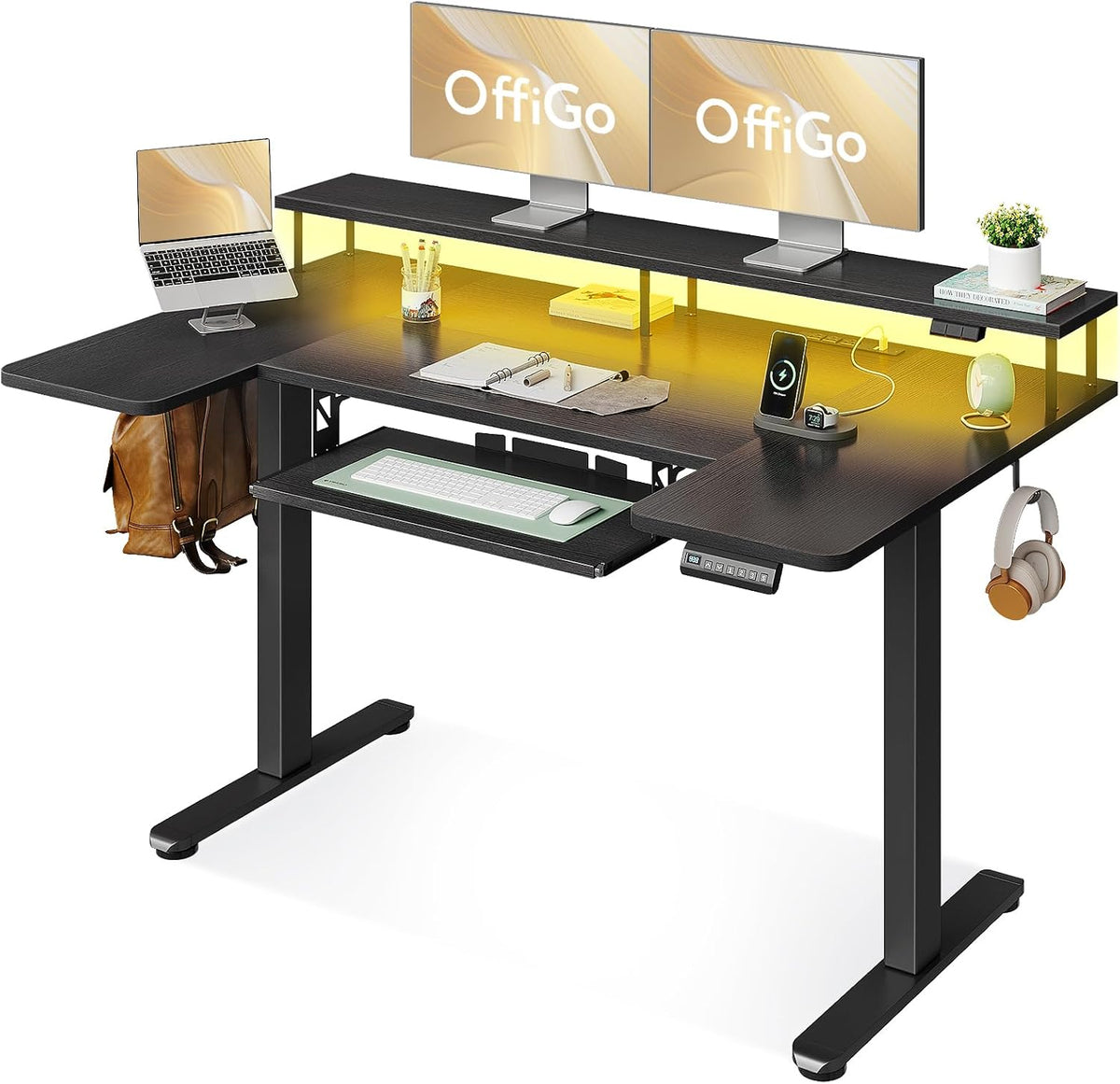 OffiGo 55 Inch U Shaped Electric Standing Desk with Keyboard Tray, White