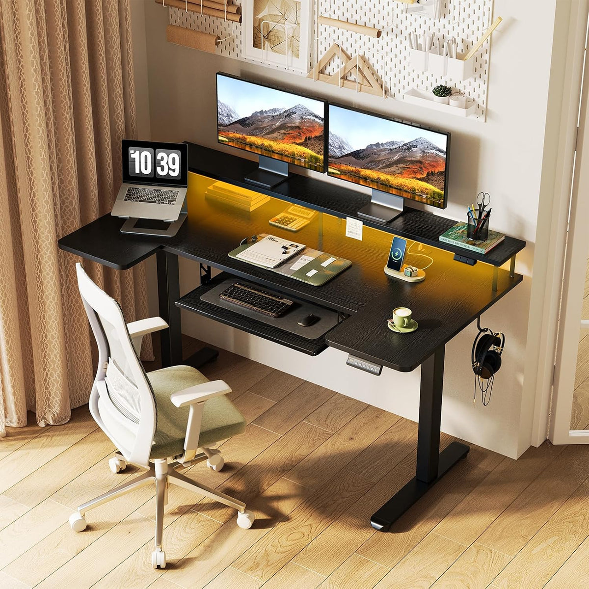 OffiGo 55 Inch U Shaped Electric Standing Desk with Keyboard Tray, White