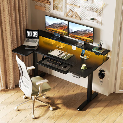 OffiGo 55 Inch U Shaped Electric Standing Desk with Keyboard Tray, White