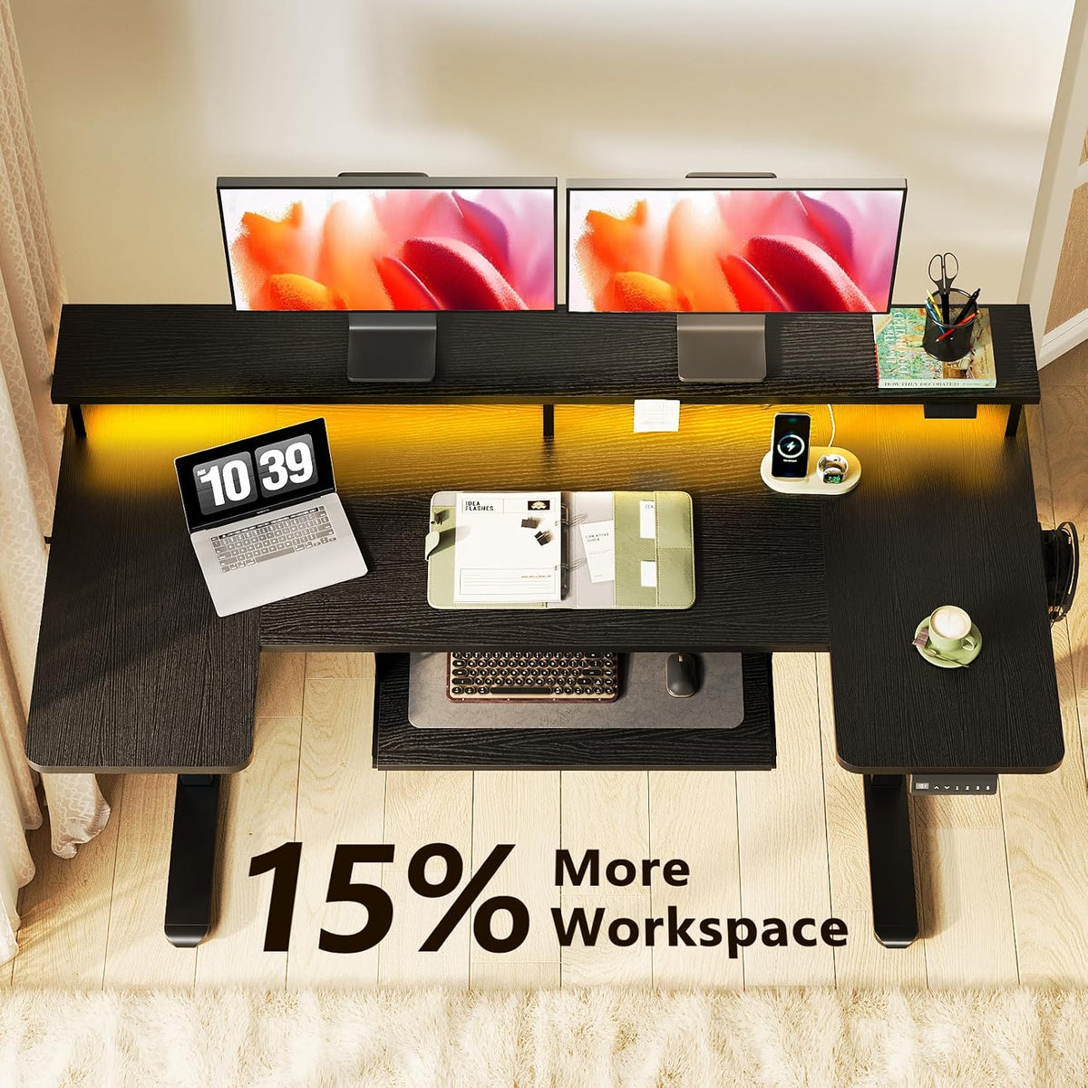 OffiGo 55 Inch U Shaped Electric Standing Desk with Keyboard Tray, White
