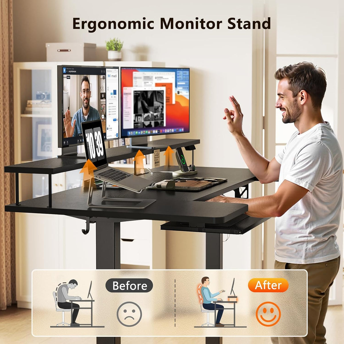 OffiGo 55 Inch U Shaped Electric Standing Desk with Keyboard Tray, White