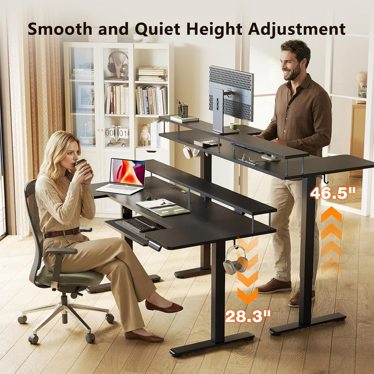 OffiGo 55 Inch U Shaped Electric Standing Desk with Keyboard Tray, White