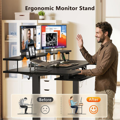 OffiGo 55 Inch U Shaped Electric Standing Desk with Keyboard Tray, White