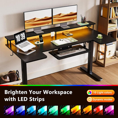 OffiGo 55 Inch U Shaped Electric Standing Desk with Keyboard Tray, White