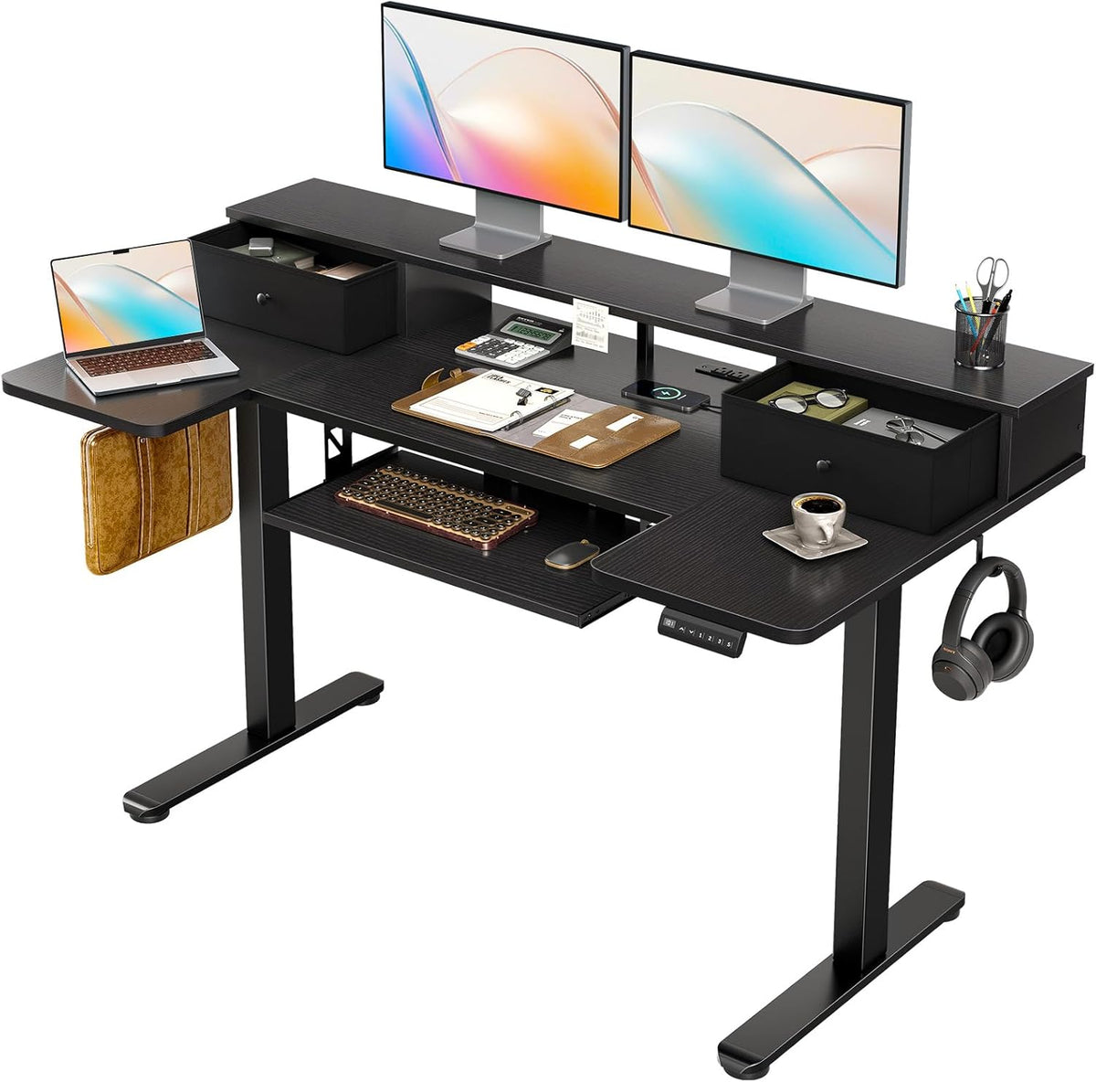 OffiGo 55 Inch U Shaped Electric Standing Desk with Keyboard Tray, White
