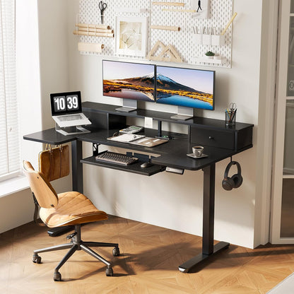 OffiGo 55 Inch U Shaped Electric Standing Desk with Keyboard Tray, White