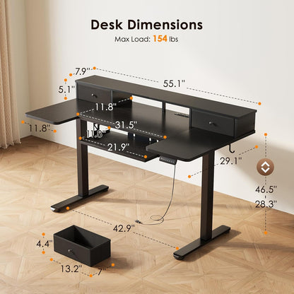 OffiGo 55 Inch U Shaped Electric Standing Desk with Keyboard Tray, White