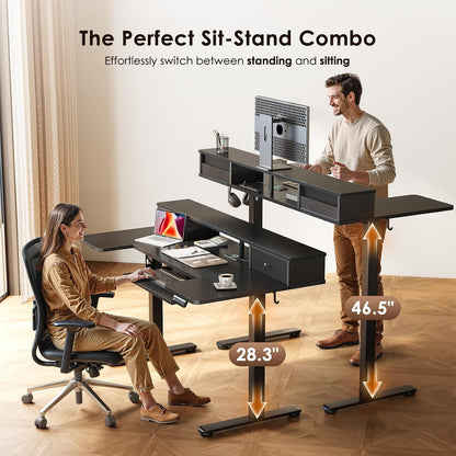 OffiGo 55 Inch U Shaped Electric Standing Desk with Keyboard Tray, White