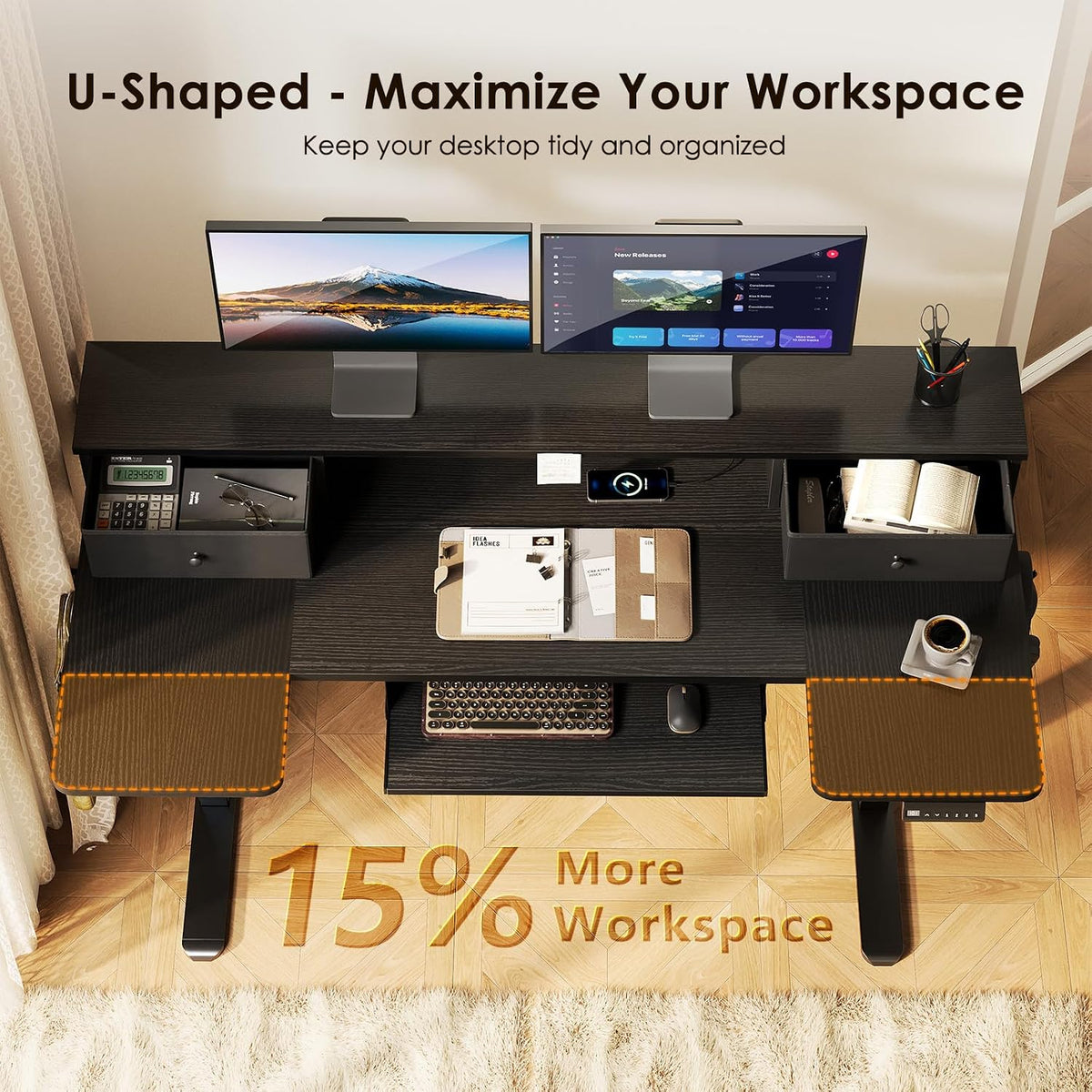 OffiGo 55 Inch U Shaped Electric Standing Desk with Keyboard Tray, White