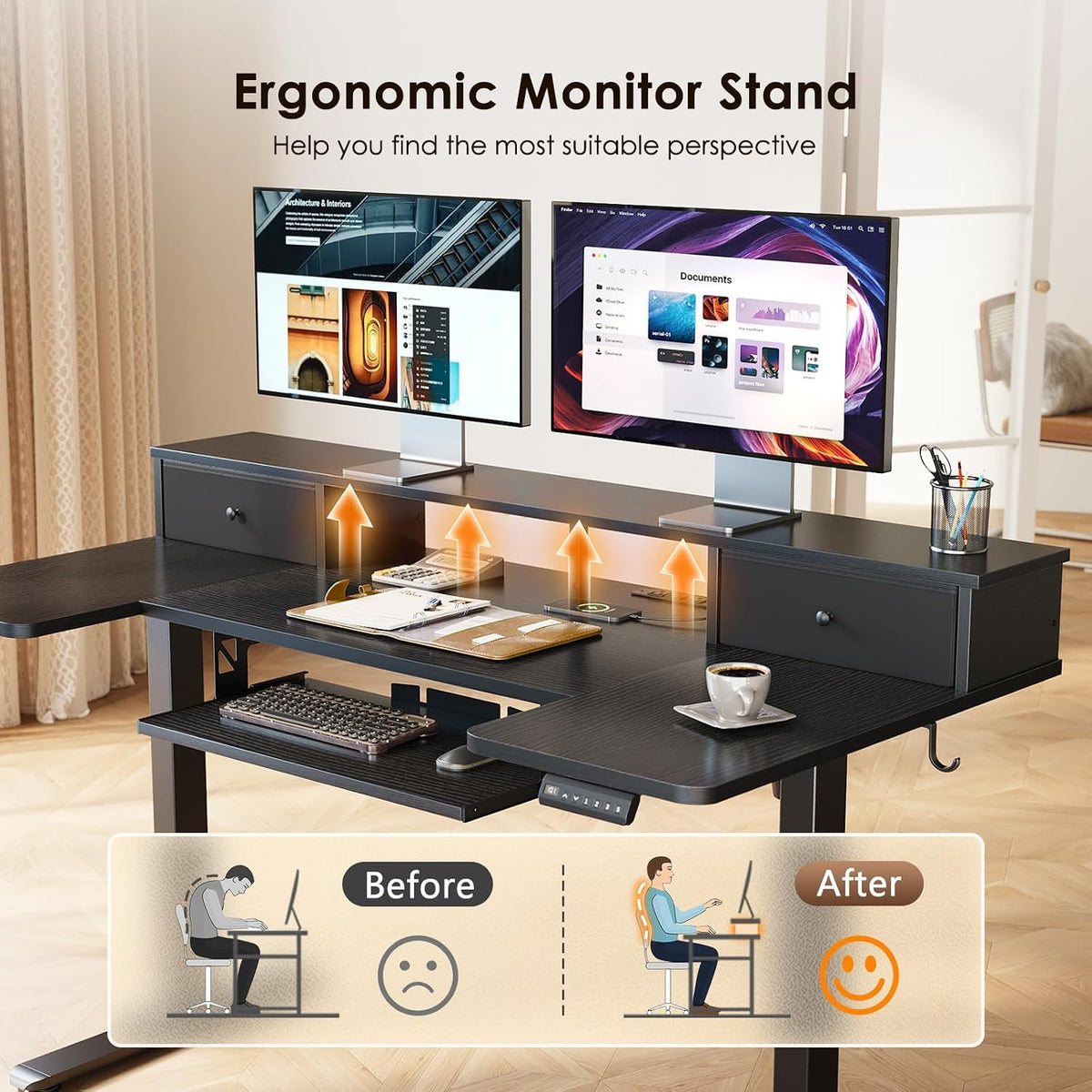 OffiGo 55 Inch U Shaped Electric Standing Desk with Keyboard Tray, White