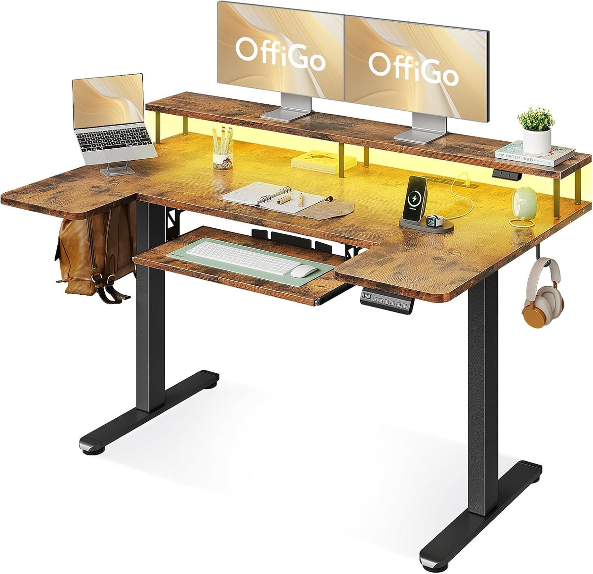 OffiGo 55 Inch U Shaped Electric Standing Desk with Keyboard Tray, White