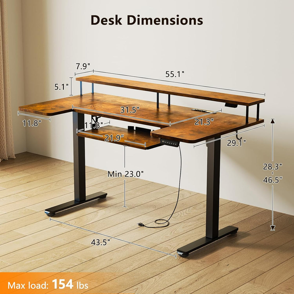 OffiGo 55 Inch U Shaped Electric Standing Desk with Keyboard Tray, White