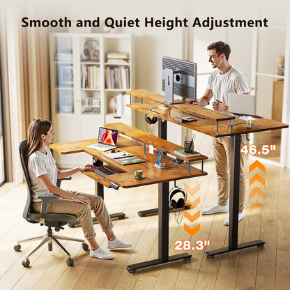OffiGo 55 Inch U Shaped Electric Standing Desk with Keyboard Tray, White