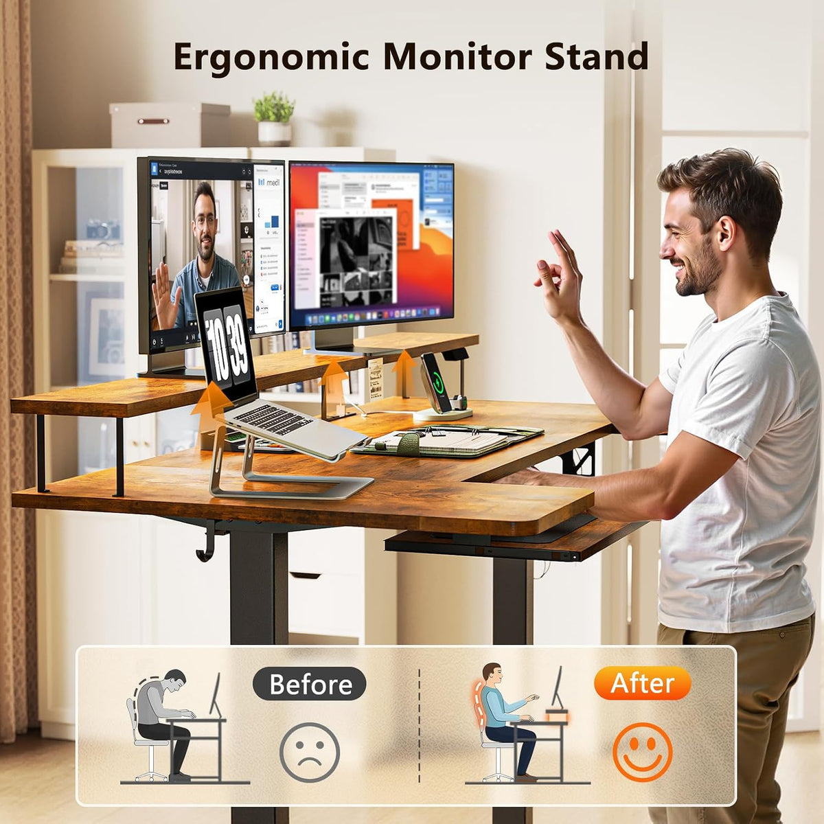 OffiGo 55 Inch U Shaped Electric Standing Desk with Keyboard Tray, White