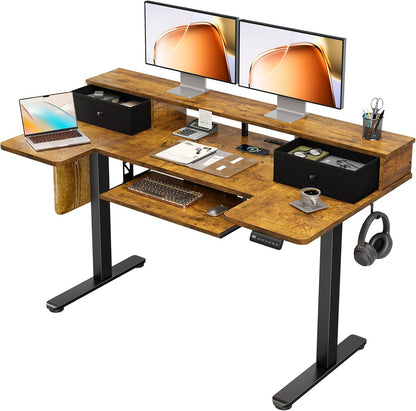 OffiGo 55 Inch U Shaped Electric Standing Desk with Keyboard Tray, White