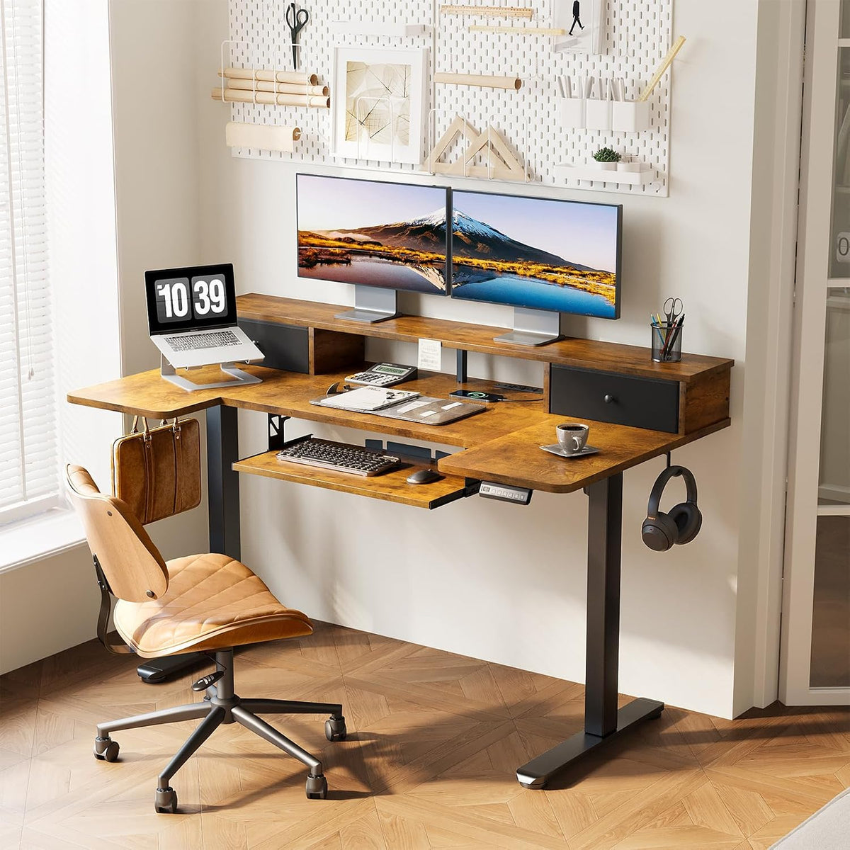 OffiGo 55 Inch U Shaped Electric Standing Desk with Keyboard Tray, White