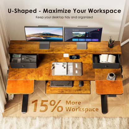 OffiGo 55 Inch U Shaped Electric Standing Desk with Keyboard Tray, White