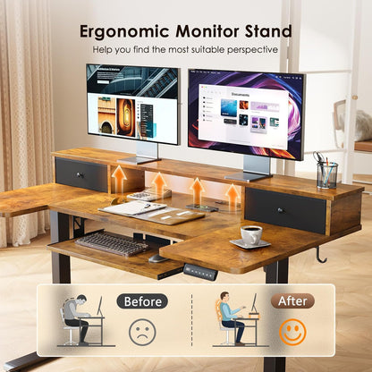 OffiGo 55 Inch U Shaped Electric Standing Desk with Keyboard Tray, White
