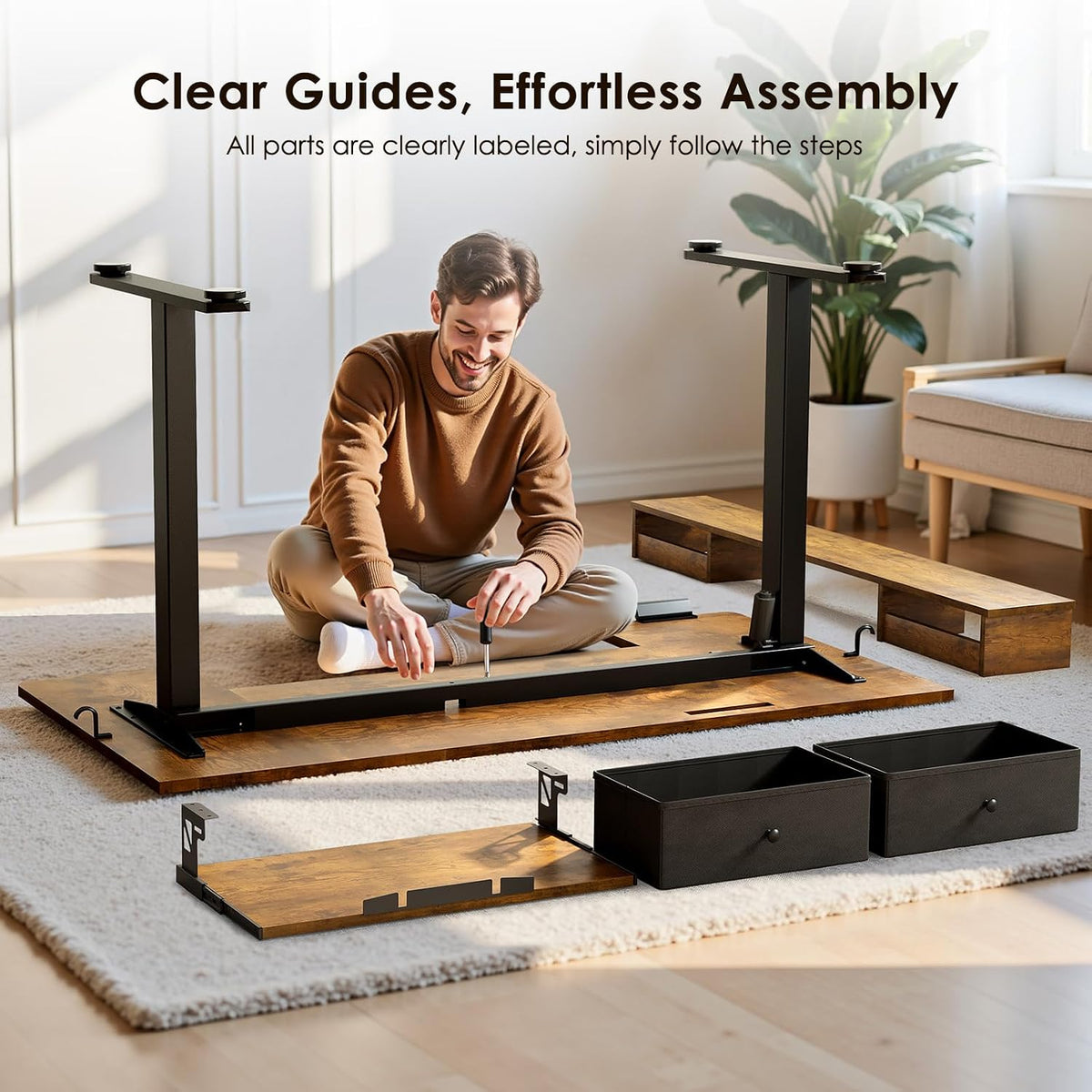 OffiGo 55 Inch U Shaped Electric Standing Desk with Keyboard Tray, White