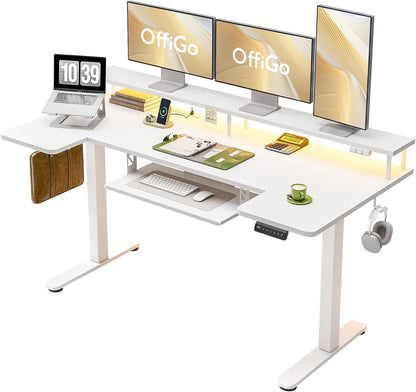 OffiGo 55 Inch U Shaped Electric Standing Desk with Keyboard Tray, White