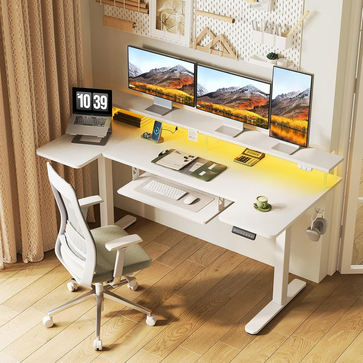 OffiGo 55 Inch U Shaped Electric Standing Desk with Keyboard Tray, White