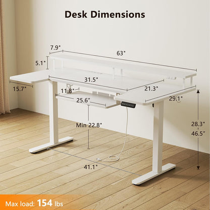 OffiGo 55 Inch U Shaped Electric Standing Desk with Keyboard Tray, White