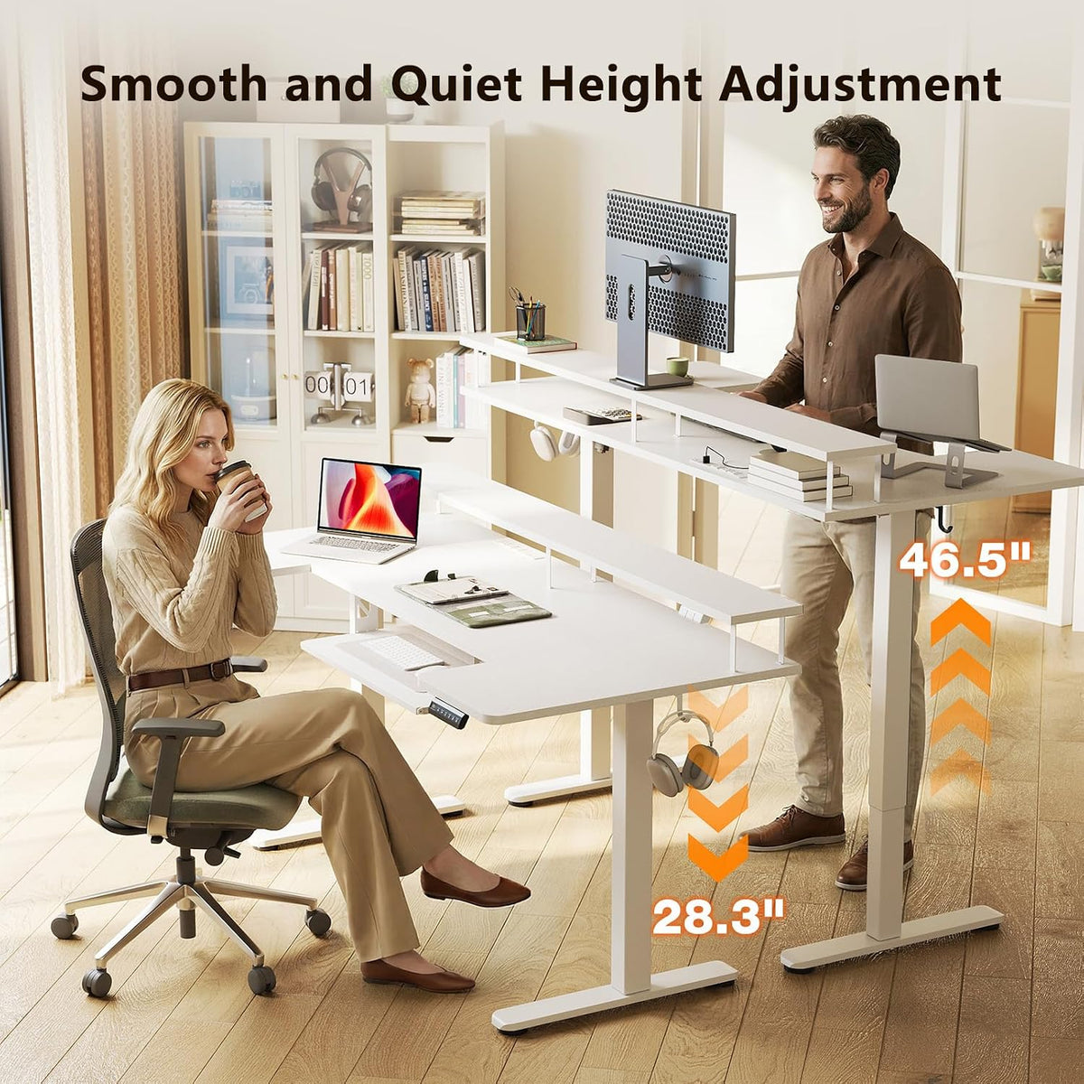 OffiGo 55 Inch U Shaped Electric Standing Desk with Keyboard Tray, White