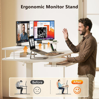 OffiGo 55 Inch U Shaped Electric Standing Desk with Keyboard Tray, White