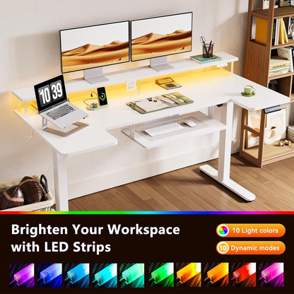 OffiGo 55 Inch U Shaped Electric Standing Desk with Keyboard Tray, White