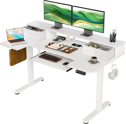 OffiGo 55 Inch U Shaped Electric Standing Desk with Keyboard Tray, White