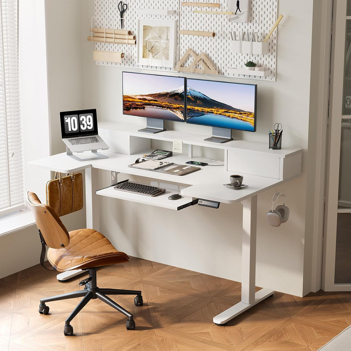 OffiGo 55 Inch U Shaped Electric Standing Desk with Keyboard Tray, White