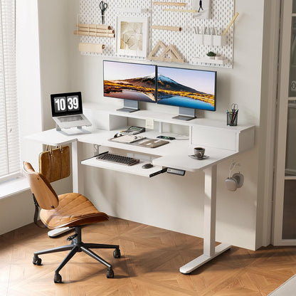OffiGo 55 Inch U Shaped Electric Standing Desk with Keyboard Tray, White