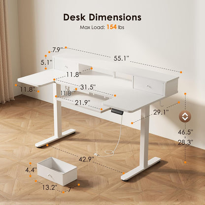 OffiGo 55 Inch U Shaped Electric Standing Desk with Keyboard Tray, White