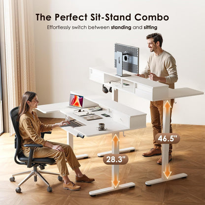 OffiGo 55 Inch U Shaped Electric Standing Desk with Keyboard Tray, White