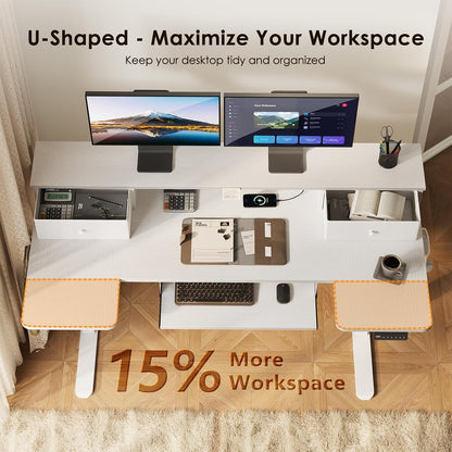 OffiGo 55 Inch U Shaped Electric Standing Desk with Keyboard Tray, White