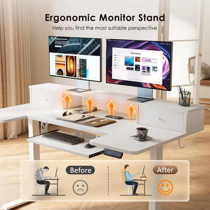 OffiGo 55 Inch U Shaped Electric Standing Desk with Keyboard Tray, White