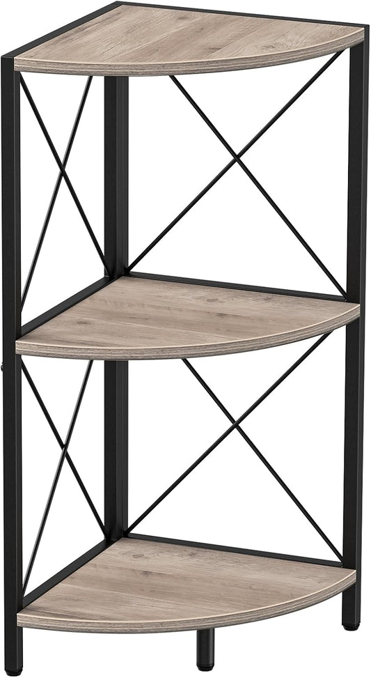Corner Shelf for Desktop, 3-Tier Corner Storage Organizer with Metal Frame, Freestanding Corner Shelf Stand Display Rack for Kitchen Counter, Living Room, Grey