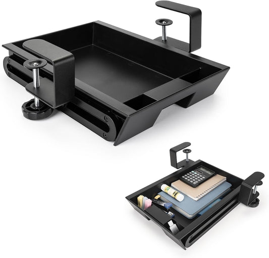 EHO Under Desk Slide-Out Storage Drawer, Small 11.7"x8.2" Pull-Out Organizer with Smooth Sliding Rail, Adjustable C-Clamp Mount, Black Tray for Home Office & Standing Desk