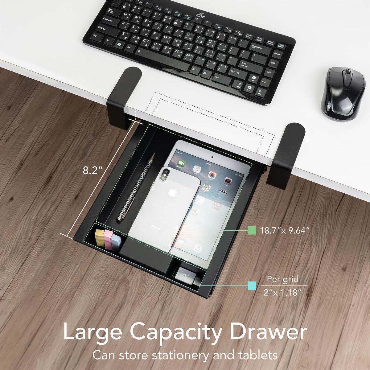 EHO Under Desk Slide-Out Storage Drawer, Small 11.7"x8.2" Pull-Out Organizer with Smooth Sliding Rail, Adjustable C-Clamp Mount, Black Tray for Home Office & Standing Desk